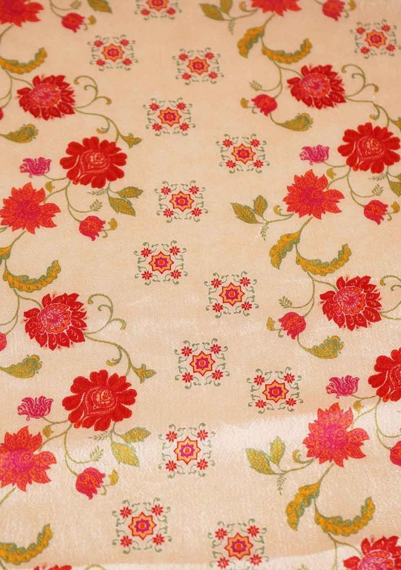 Cream Chinon Floral Printed Pre Draped Saree Set - Indya