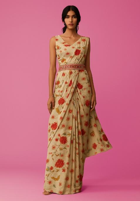 Cream Chinon Floral Printed Pre Draped Saree Set