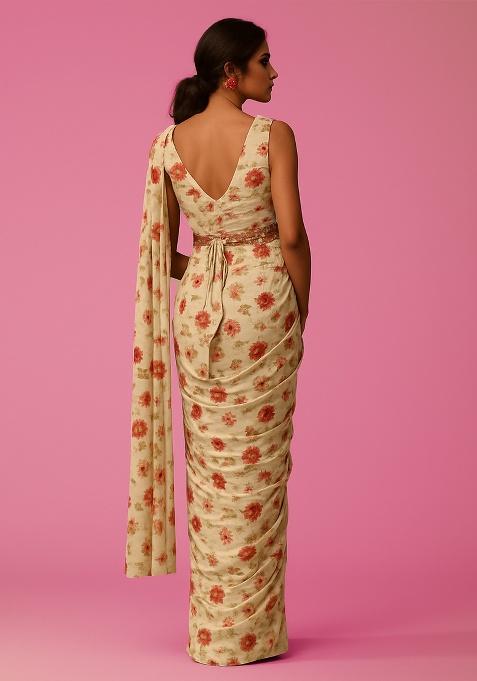 Cream Chinon Floral Printed Pre Draped Saree Set