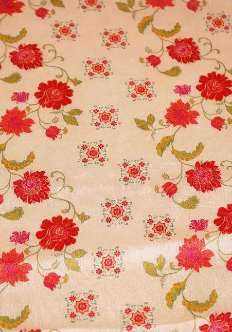 Cream Chinon Floral Printed Pre Draped Saree Set