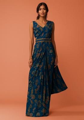 Blue Chinon Floral Printed Pre Draped Saree Set