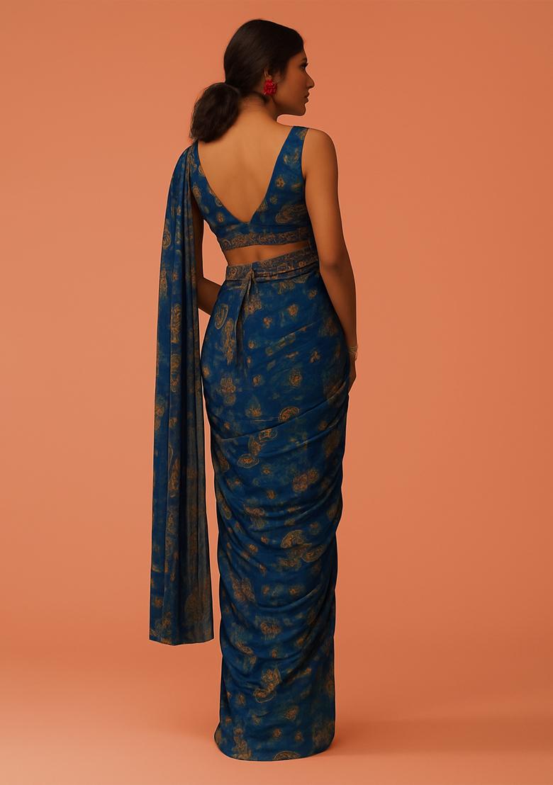Blue Chinon Floral Printed Pre Draped Saree Set - Indya