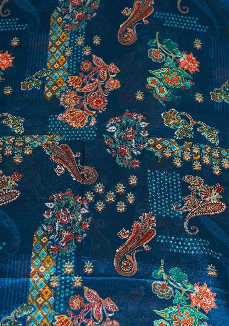 Blue Chinon Floral Printed Pre Draped Saree Set - Indya