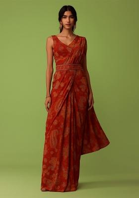 Red Chinon Floral Printed Pre Draped Saree Set