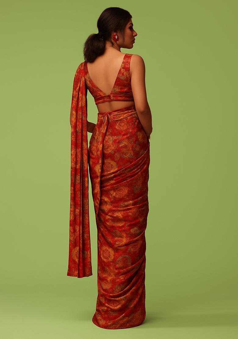 Red Chinon Floral Printed Pre Draped Saree Set - Indya