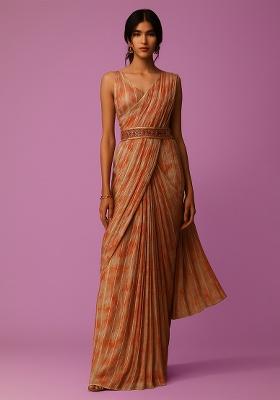 Orange Organza Printed Embroidered Pre Draped Saree Set