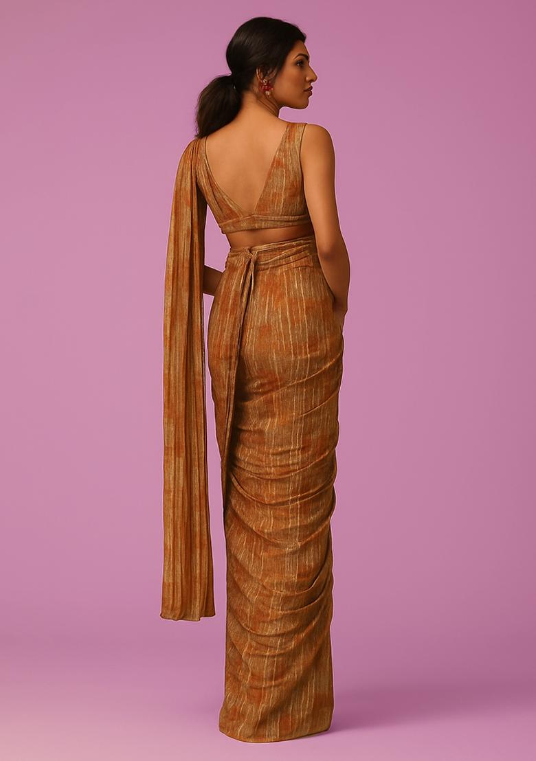 Orange Organza Printed Embroidered Pre Draped Saree Set - Indya