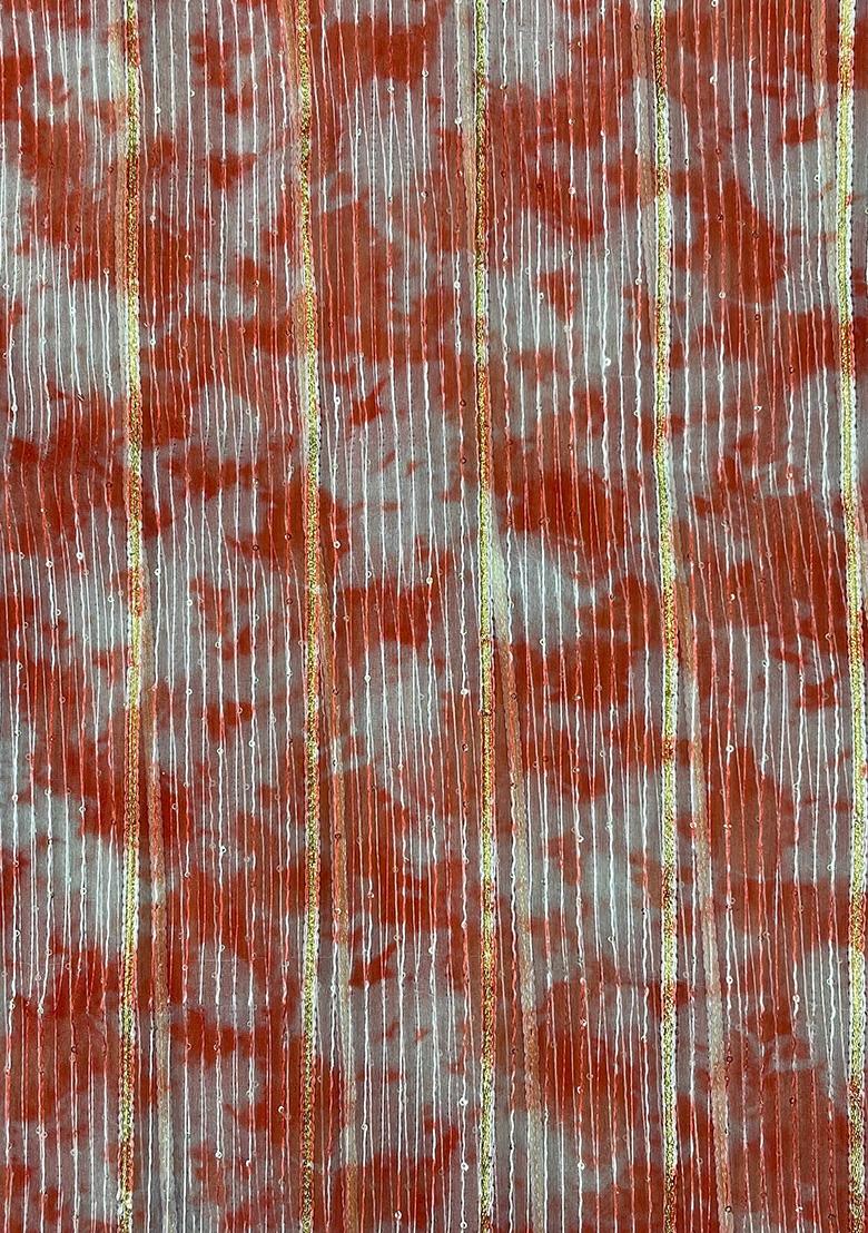 Orange Organza Printed Embroidered Pre Draped Saree Set - Indya