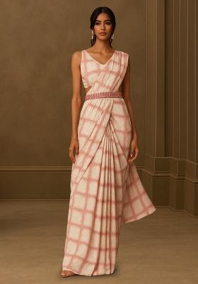 White And Pink Lycra Check Printed Pre Draped Saree Set