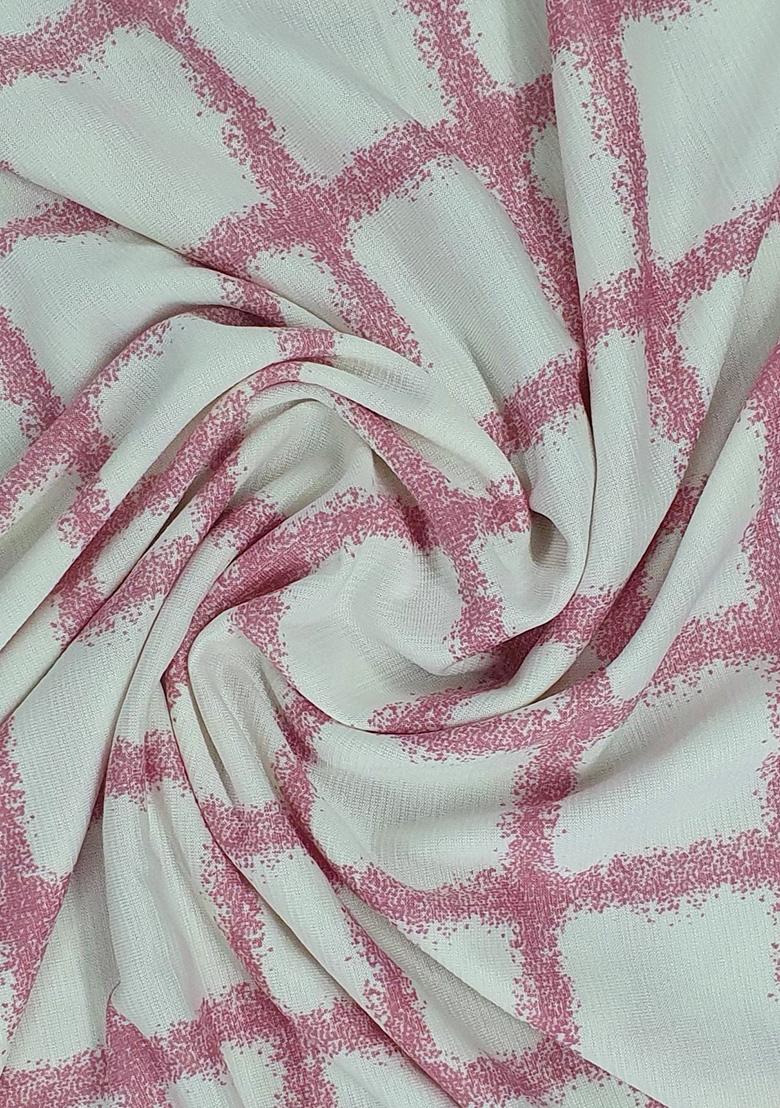 White And Pink Lycra Check Printed Pre Draped Saree Set