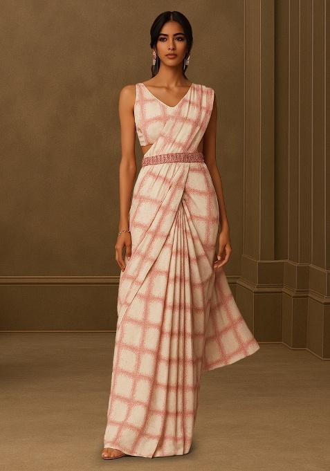 White And Pink Lycra Check Printed Pre Draped Saree Set