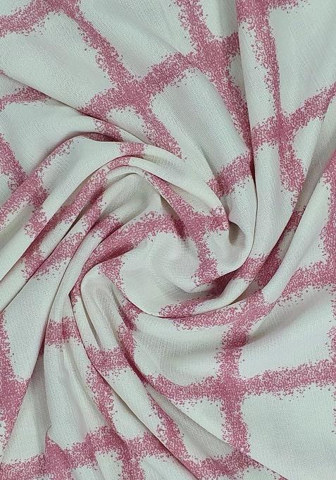 White And Pink Lycra Check Printed Pre Draped Saree Set