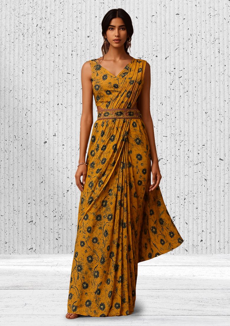 Yellow Lycra Floral Printed Pre Draped Saree Set