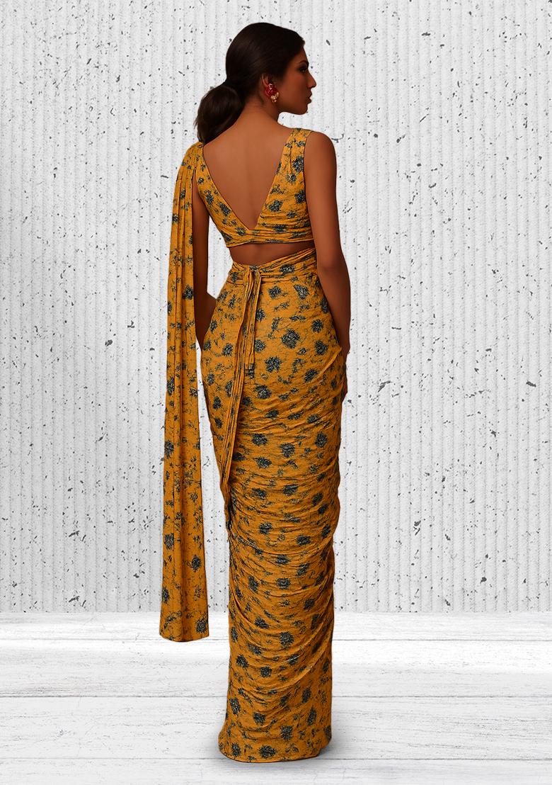 Yellow Lycra Floral Printed Pre Draped Saree Set