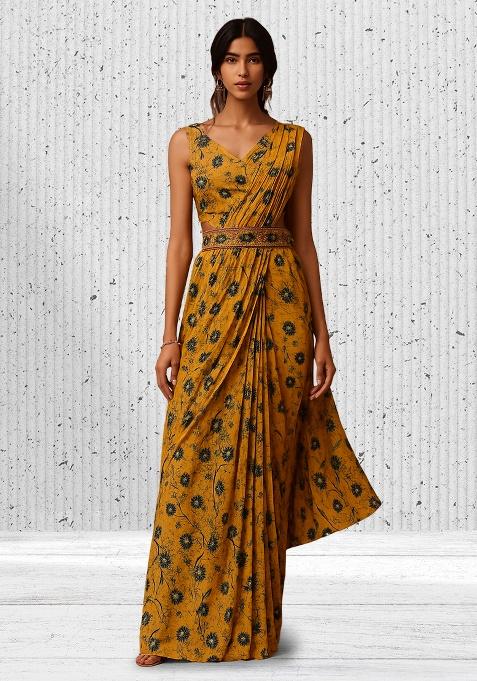 Yellow Lycra Floral Printed Pre Draped Saree Set