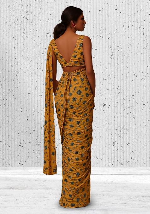 Yellow Lycra Floral Printed Pre Draped Saree Set
