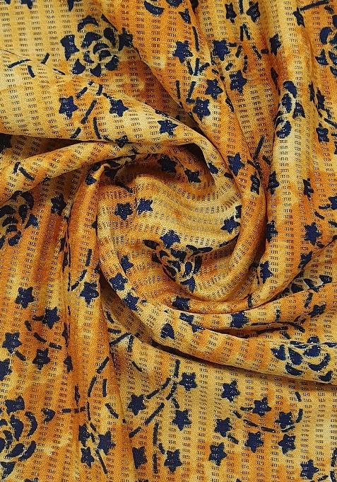 Yellow Lycra Floral Printed Pre Draped Saree Set