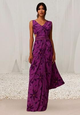 Purple Crepe Floral Printed Pre Draped Saree Set