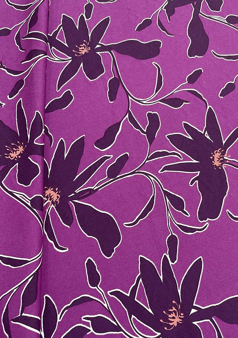 Purple Crepe Floral Printed Pre Draped Saree Set - Indya