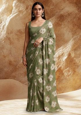 Sage Green Floral Printed Chiffon Pre Draped Saree Set
