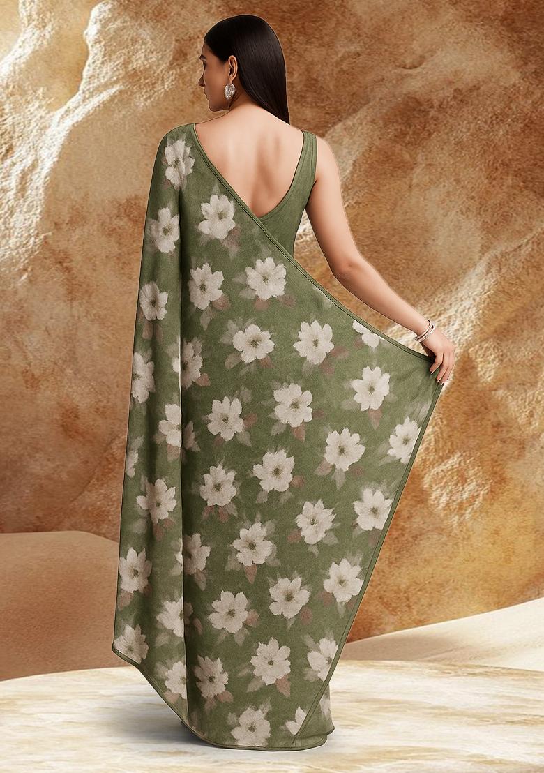 Sage Green Floral Printed Chiffon Pre Draped Saree Set - Indya