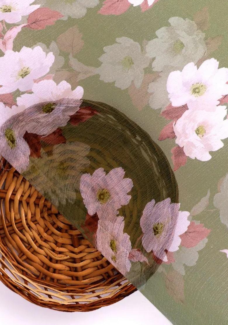 Sage Green Floral Printed Chiffon Pre Draped Saree Set - Indya