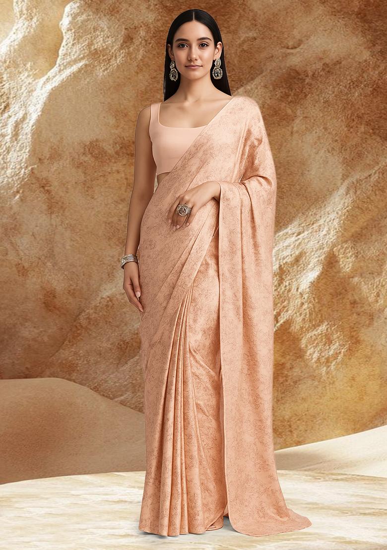 Peach Floral Printed Silk Pre Draped Saree Set