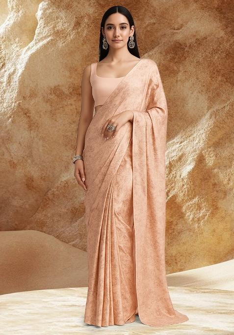 Peach Floral Printed Silk Pre Draped Saree Set