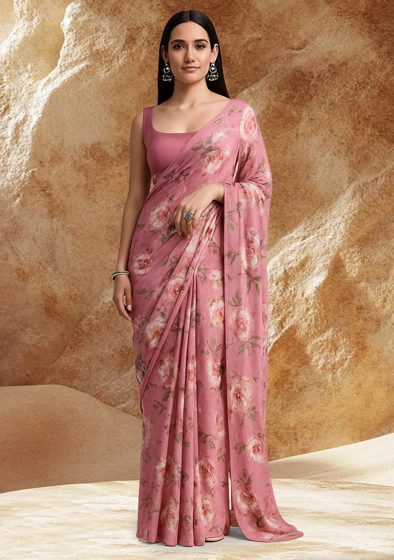 Pink Floral Printed Satin Pre Draped Saree Set