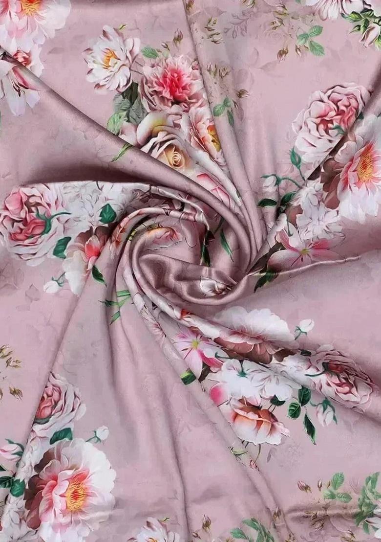 Pink Floral Printed Satin Pre Draped Saree Set