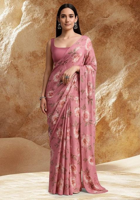 Pink Floral Printed Satin Pre Draped Saree Set