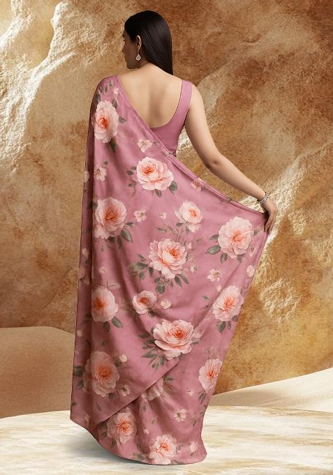 Pink Floral Printed Satin Pre Draped Saree Set