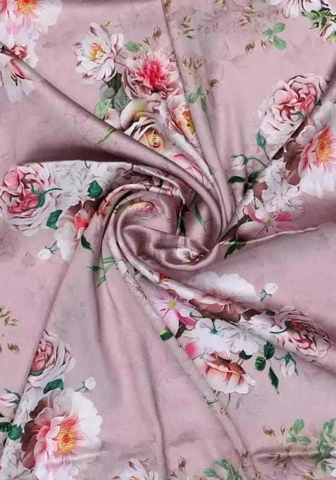 Pink Floral Printed Satin Pre Draped Saree Set