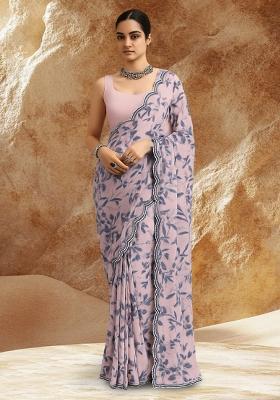  Pink Leaf Printed Pre Draped Saree Set