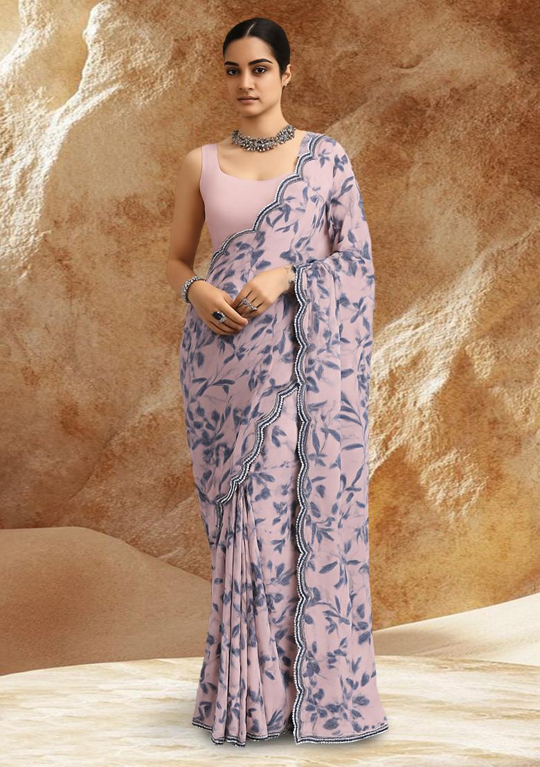Pink Leaf Printed Pre Draped Saree Set