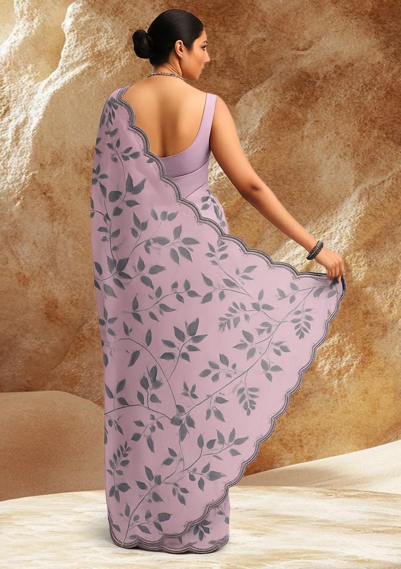 Pink Leaf Printed Pre Draped Saree Set