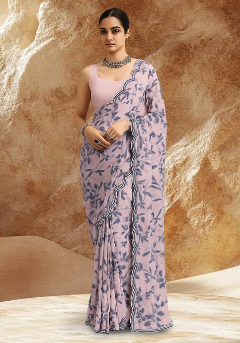  Pink Leaf Printed Pre Draped Saree Set