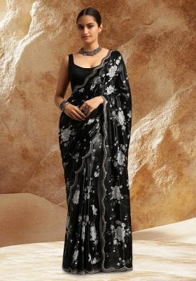 Black Organza Floral Printed Pre Draped Saree Set