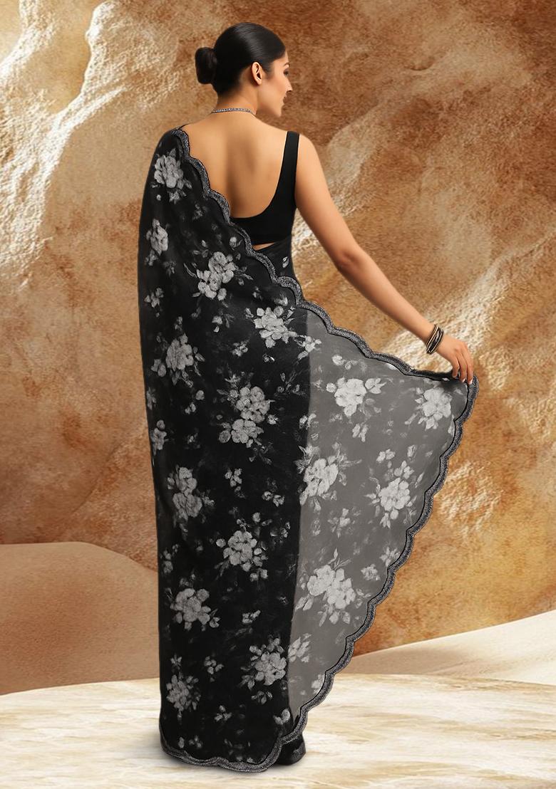 Black Organza Floral Printed Pre Draped Saree Set - Indya