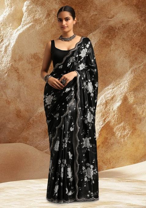 Black Organza Floral Printed Pre Draped Saree Set