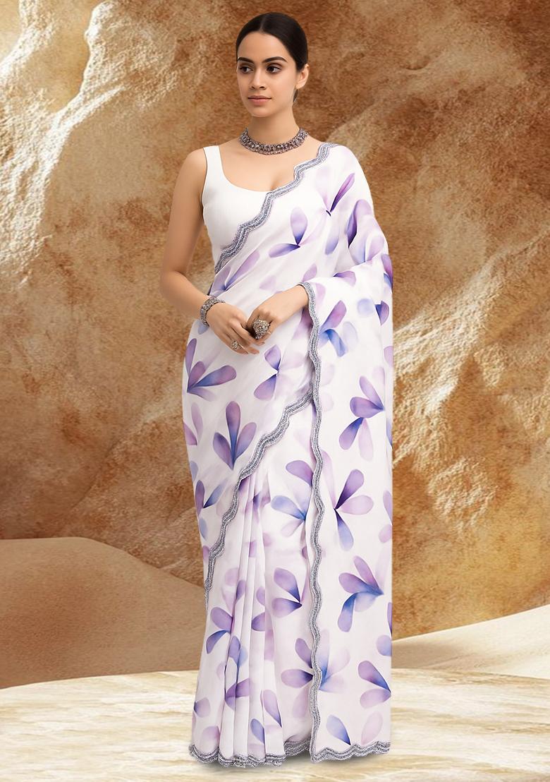 White Satin Floral Printed Pre Draped Saree Set