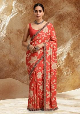 Orange Muslin Floral Printed Pre Draped Saree Set