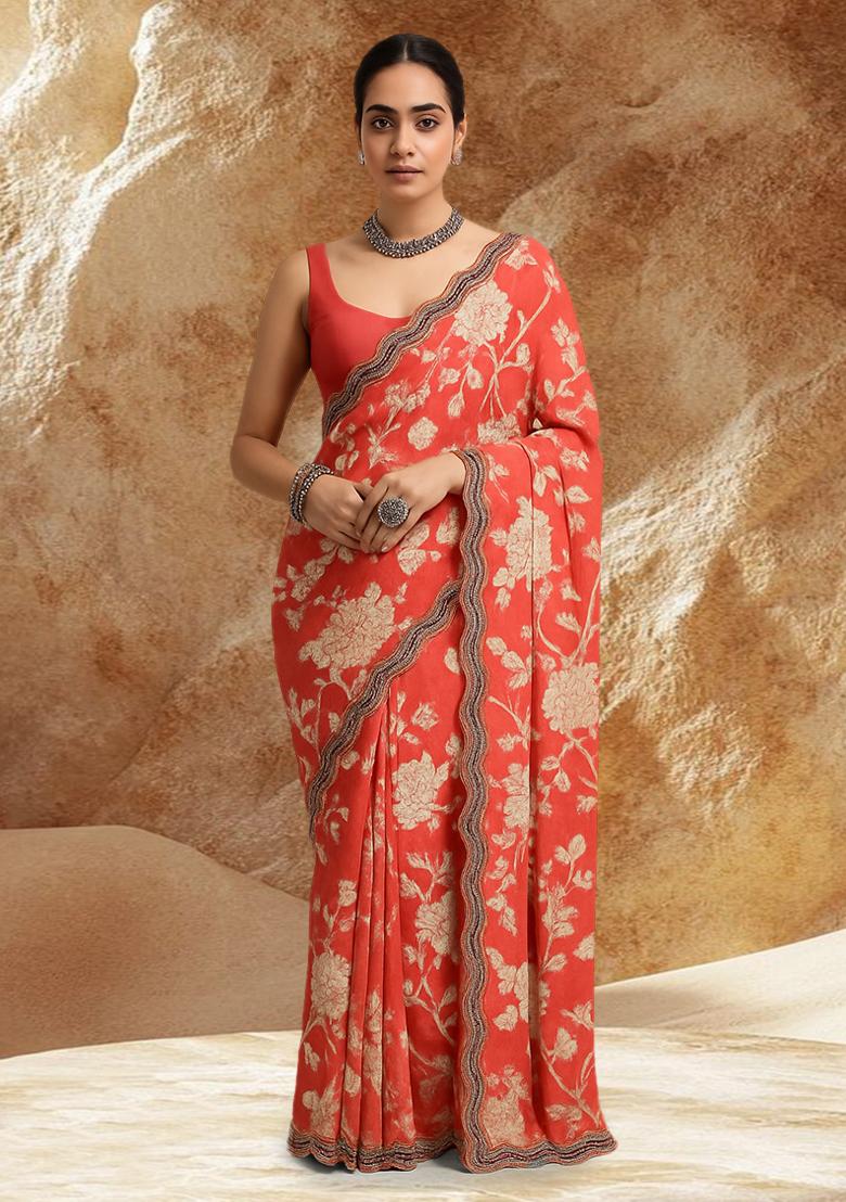 Orange Muslin Floral Printed Pre Draped Saree Set