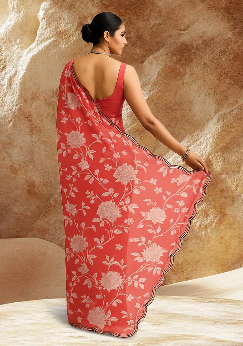 Orange Muslin Floral Printed Pre Draped Saree Set