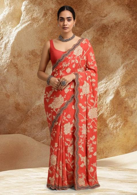 Orange Muslin Floral Printed Pre Draped Saree Set