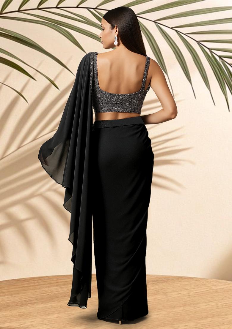 Grey Embellished Blouse Georgette Pre Draped Saree Set - Indya