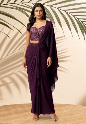 Purple Embellished Blouse Georgette Pre Draped Saree Set
