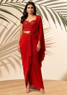 Red Embellished Blouse Georgette Pre Draped Saree Set