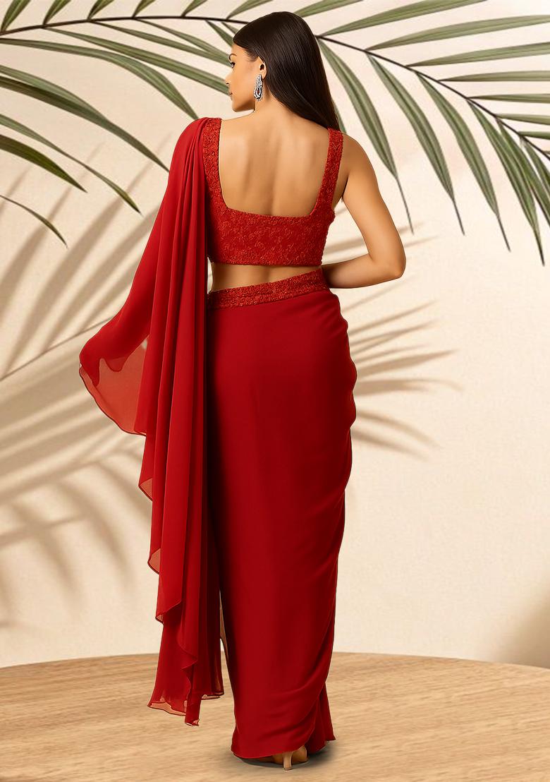 Red Embellished Blouse Georgette Pre Draped Saree Set