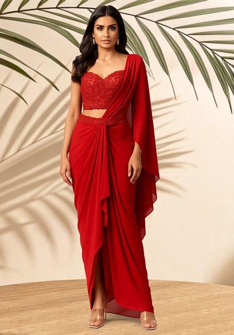 Red Embellished Blouse Georgette Pre Draped Saree Set